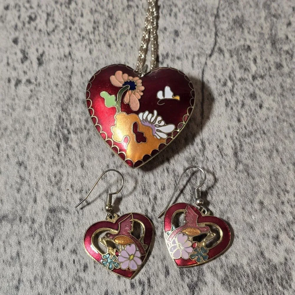 VTG Estate Cloisonné Clamper Butterfly Necklace w/ Pierced Dangle Earrings! 127